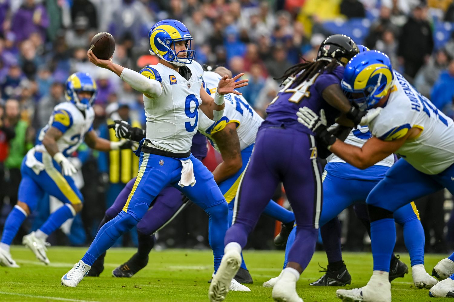 Rams QB Matthew Stafford attempting a pass against the Baltimore Ravens.